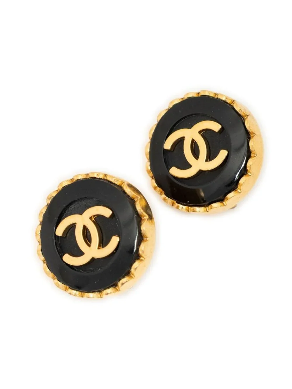 Chanel CC Enamel Button Clip on Earrings Black Gold Plated